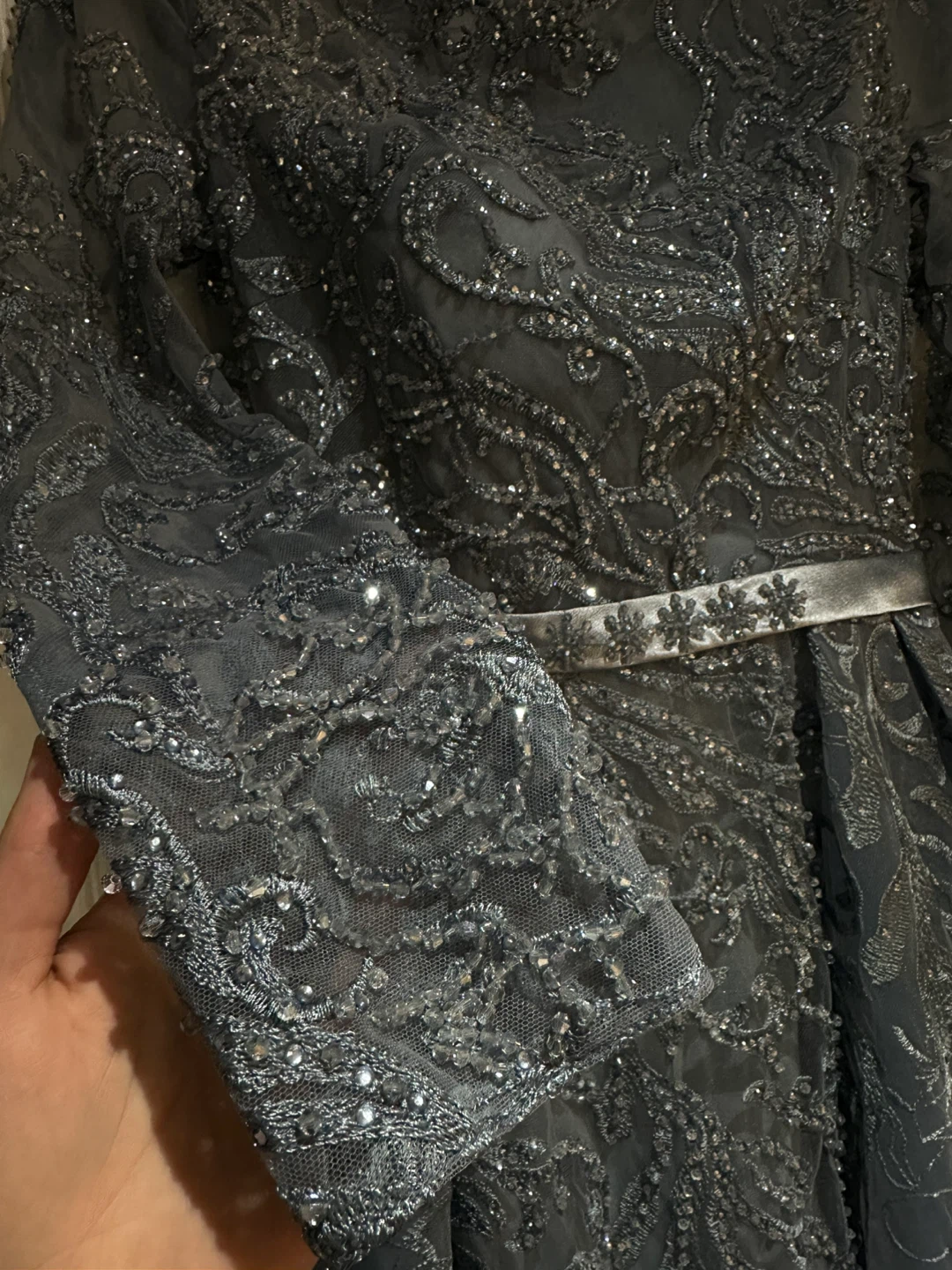 Elegant Blue Beaded Long Sleeve Evening Gown - photo 4