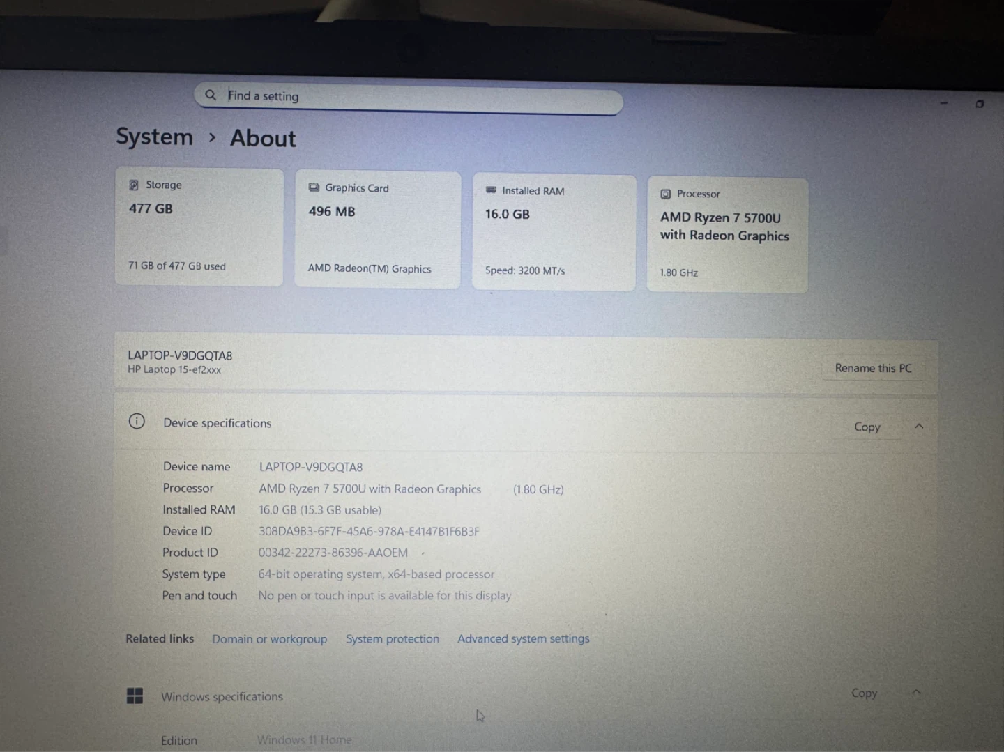 HP Laptop 15-ef2xxx AMD Ryzen 7 5700U 16GB RAM 477GB SSD - photo 5