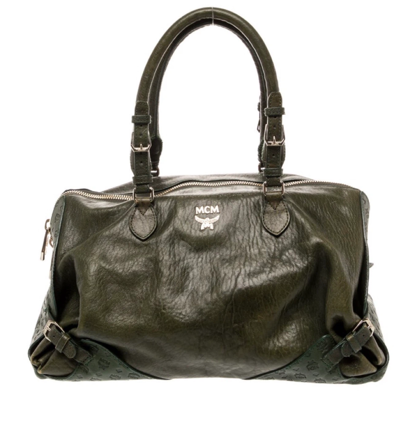MCM Dark Green Leather Boston Bag