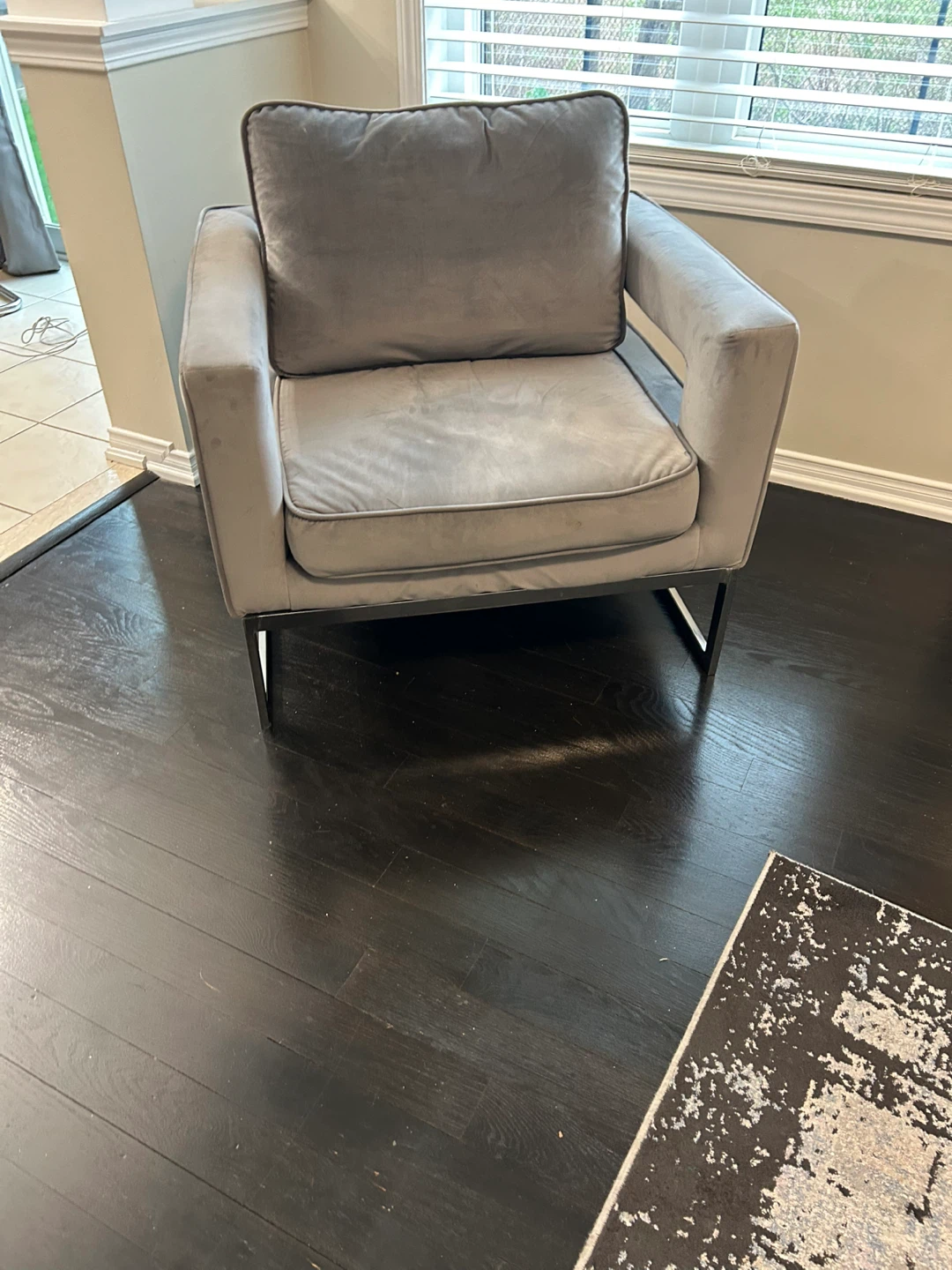 Grey Velvet Armchair with Metal Base