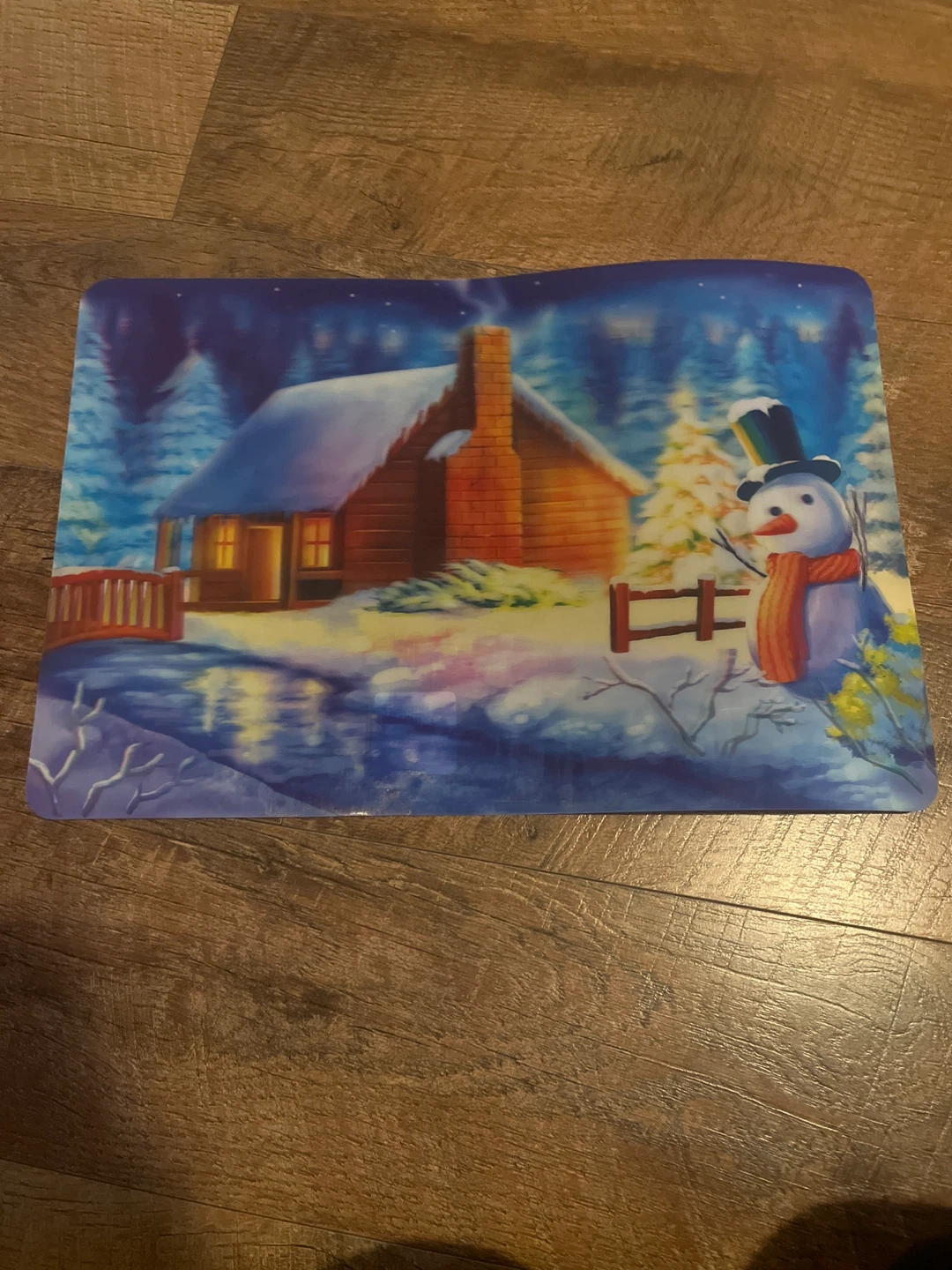 Christmas Placemat with Snowman and Cabin Scene