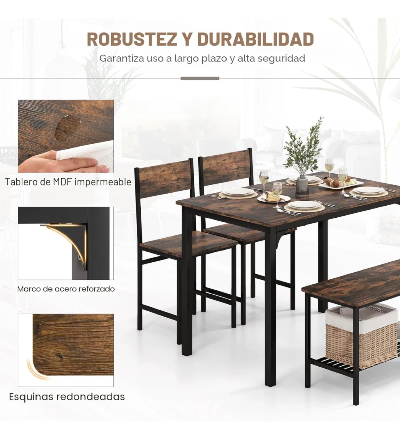 3-Piece Dining Set with Table, 2 Chairs, and Bench - photo 5