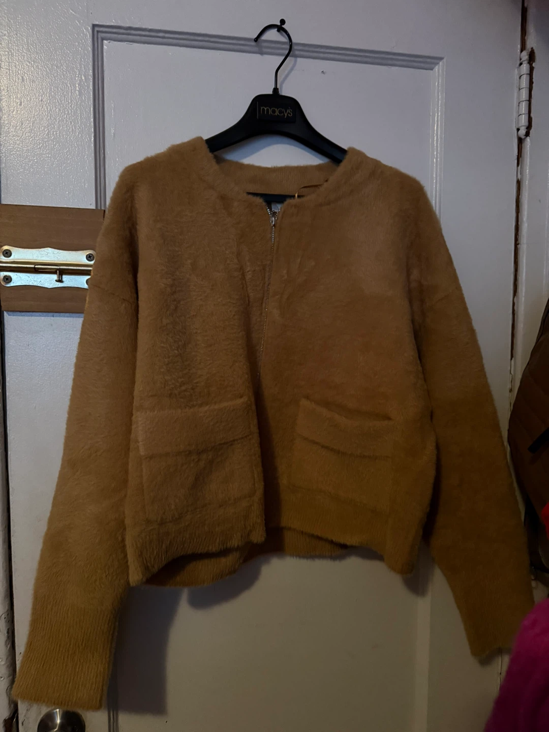 Women's Tan Fuzzy Cropped Cardigan Sweater