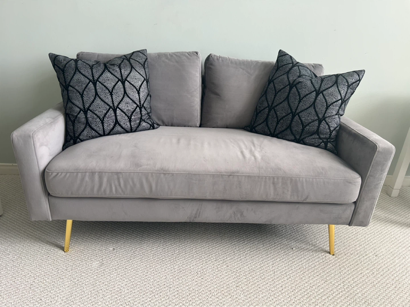 Grey Velvet Loveseat with Gold Legs