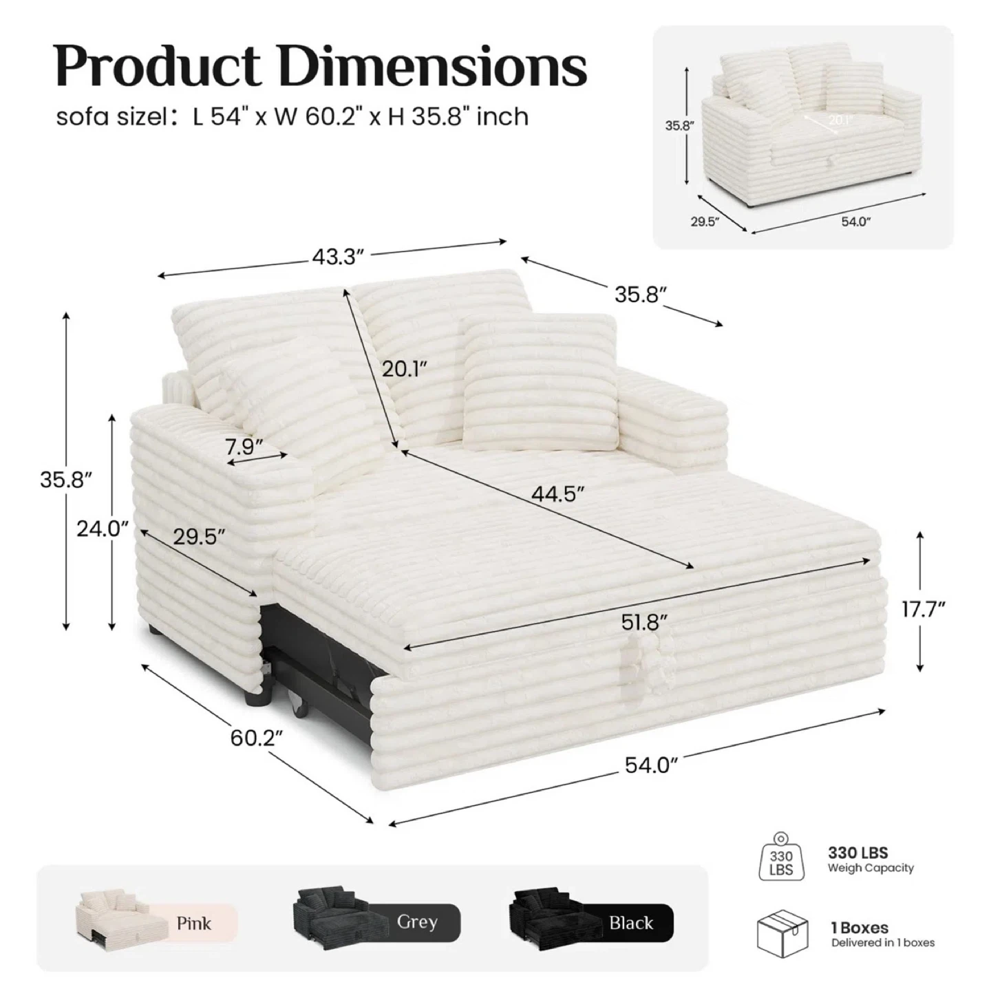 Wayfair White Corduroy Pull-Out Sofa with Chaise - photo 3