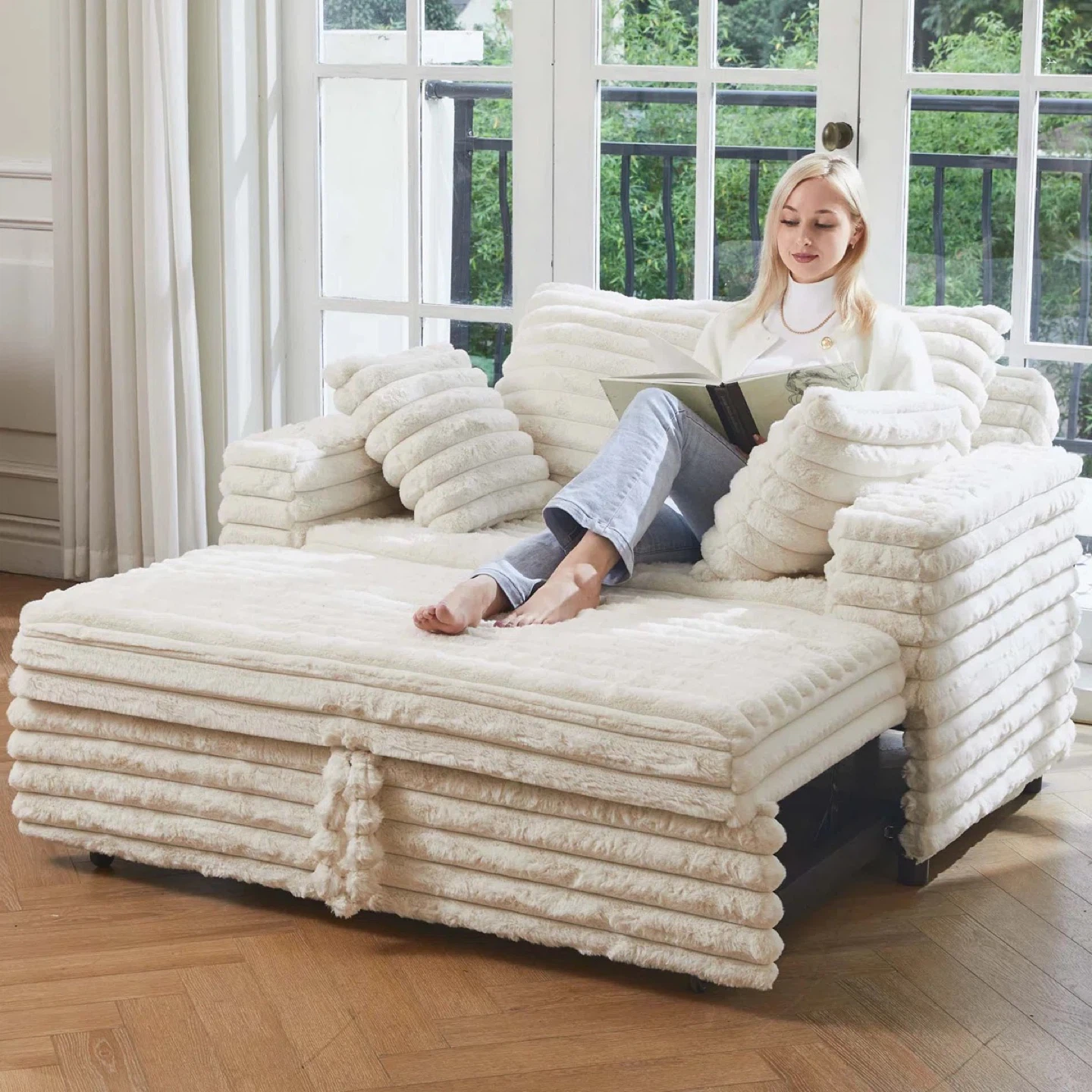Wayfair White Corduroy Pull-Out Sofa with Chaise