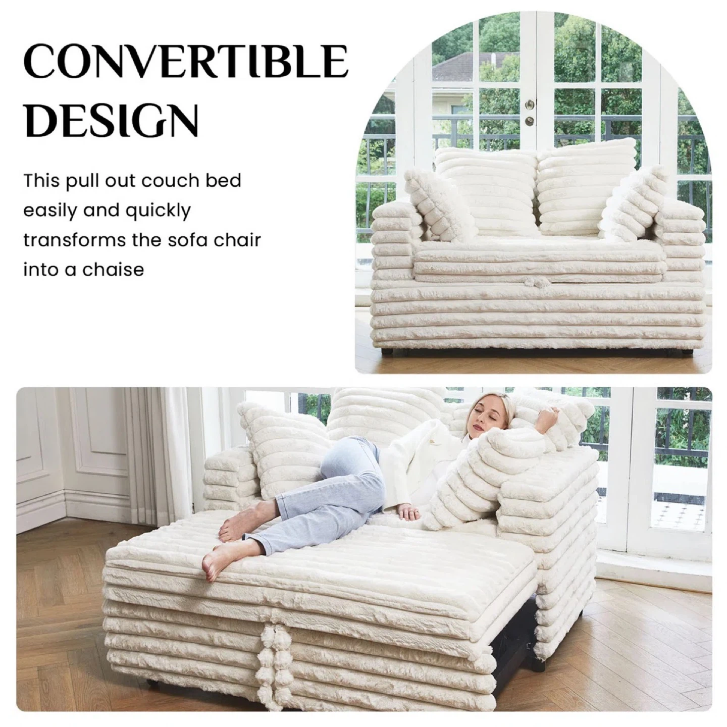 Wayfair White Corduroy Pull-Out Sofa with Chaise - photo 4