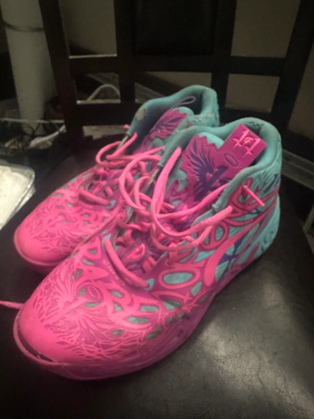Pink and Teal High-Top Basketball Shoes