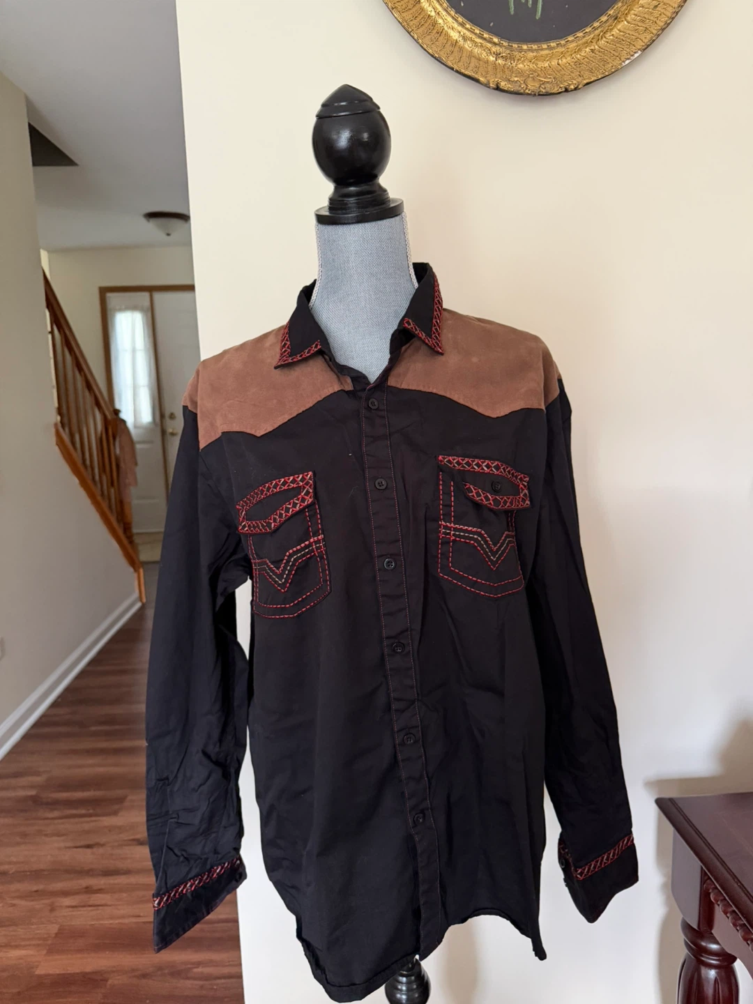 XL Black Western Shirt with Suede Yoke and Red Embroidery