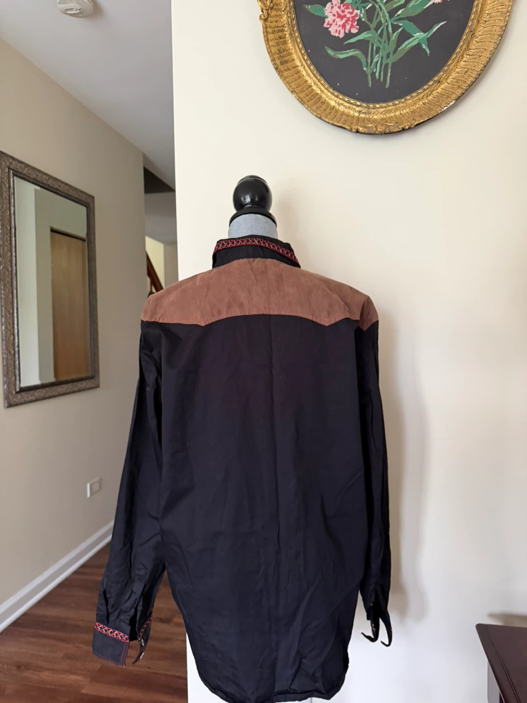 XL Black Western Shirt with Suede Yoke and Red Embroidery - photo 2