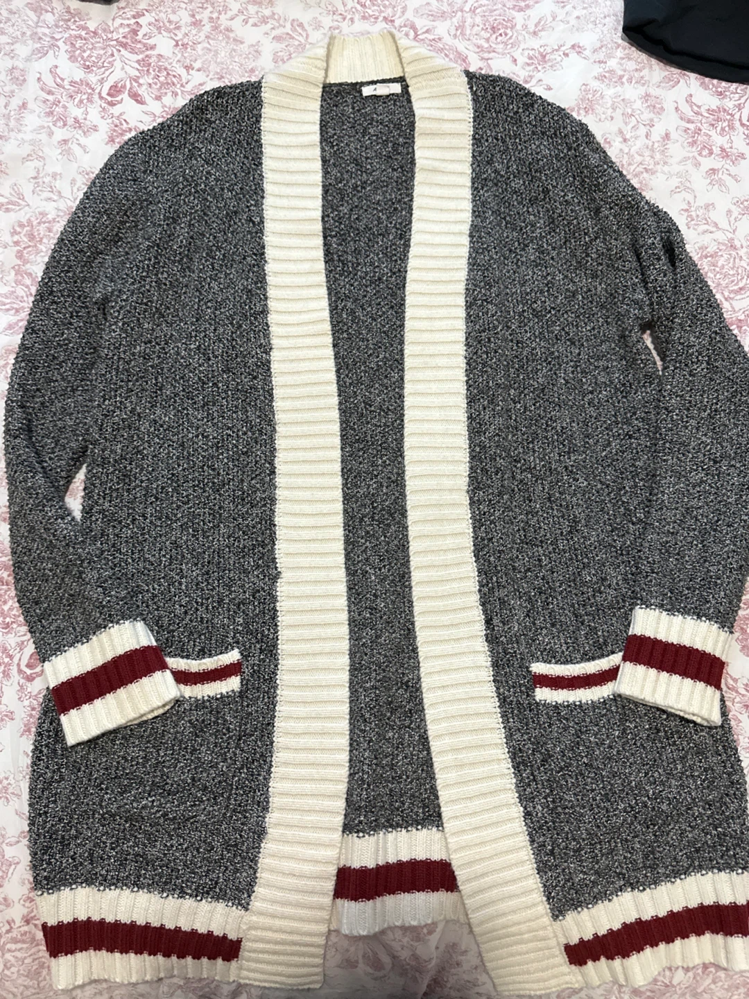Grey Cardigan with Cream and Burgundy Stripes