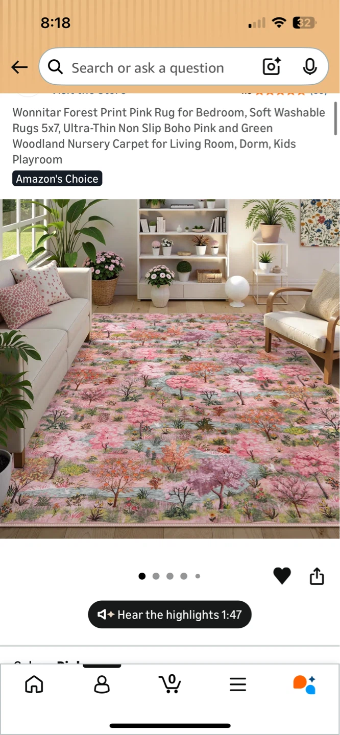 Wonnitar Forest Print Rug 5'x7' Pink Woodland Nursery Carpet