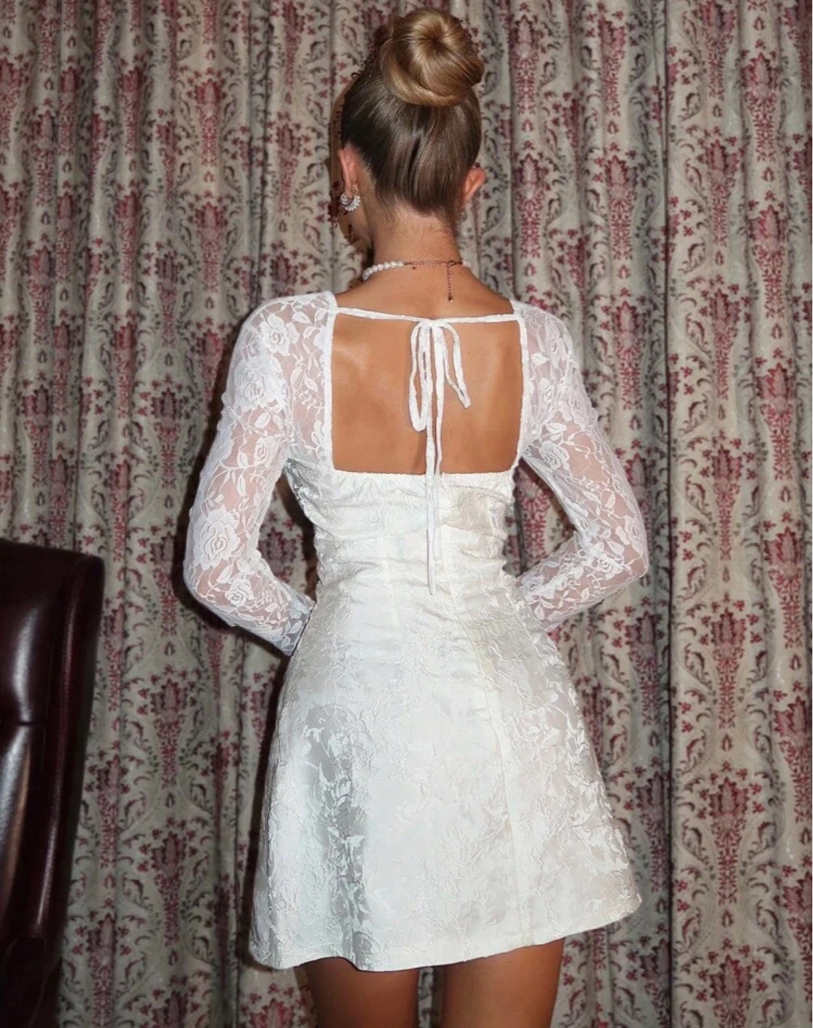 White Lace Mini Dress with Long Sleeves - photo 2