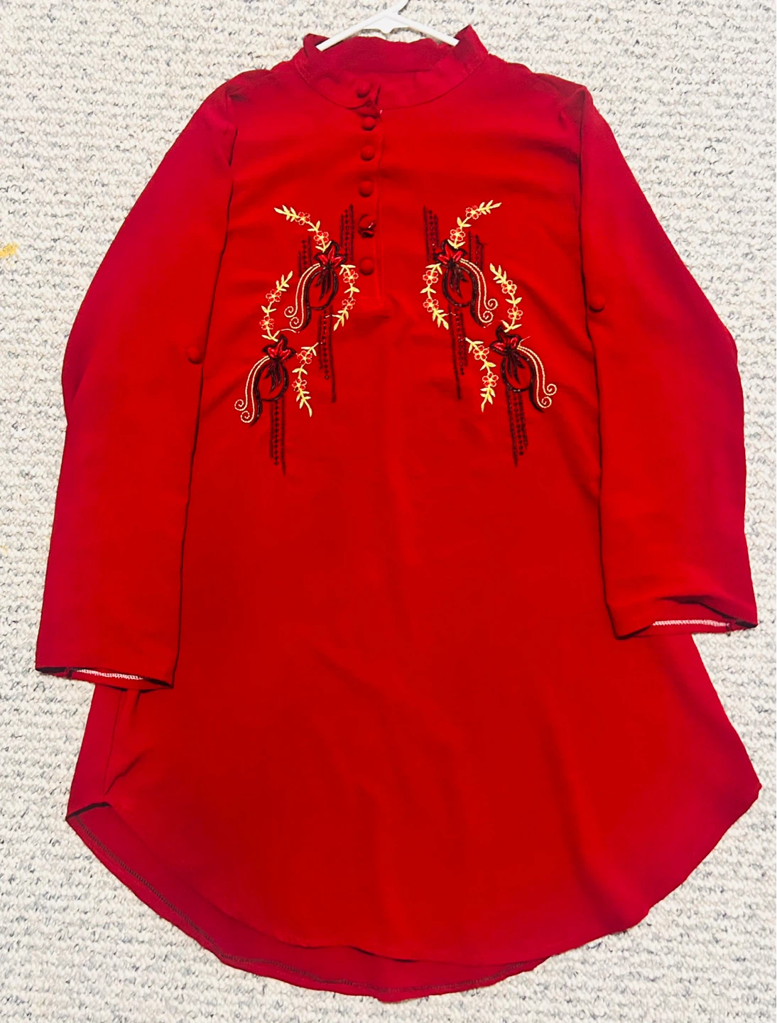 Red Embroidered Long Sleeve Tunic Top