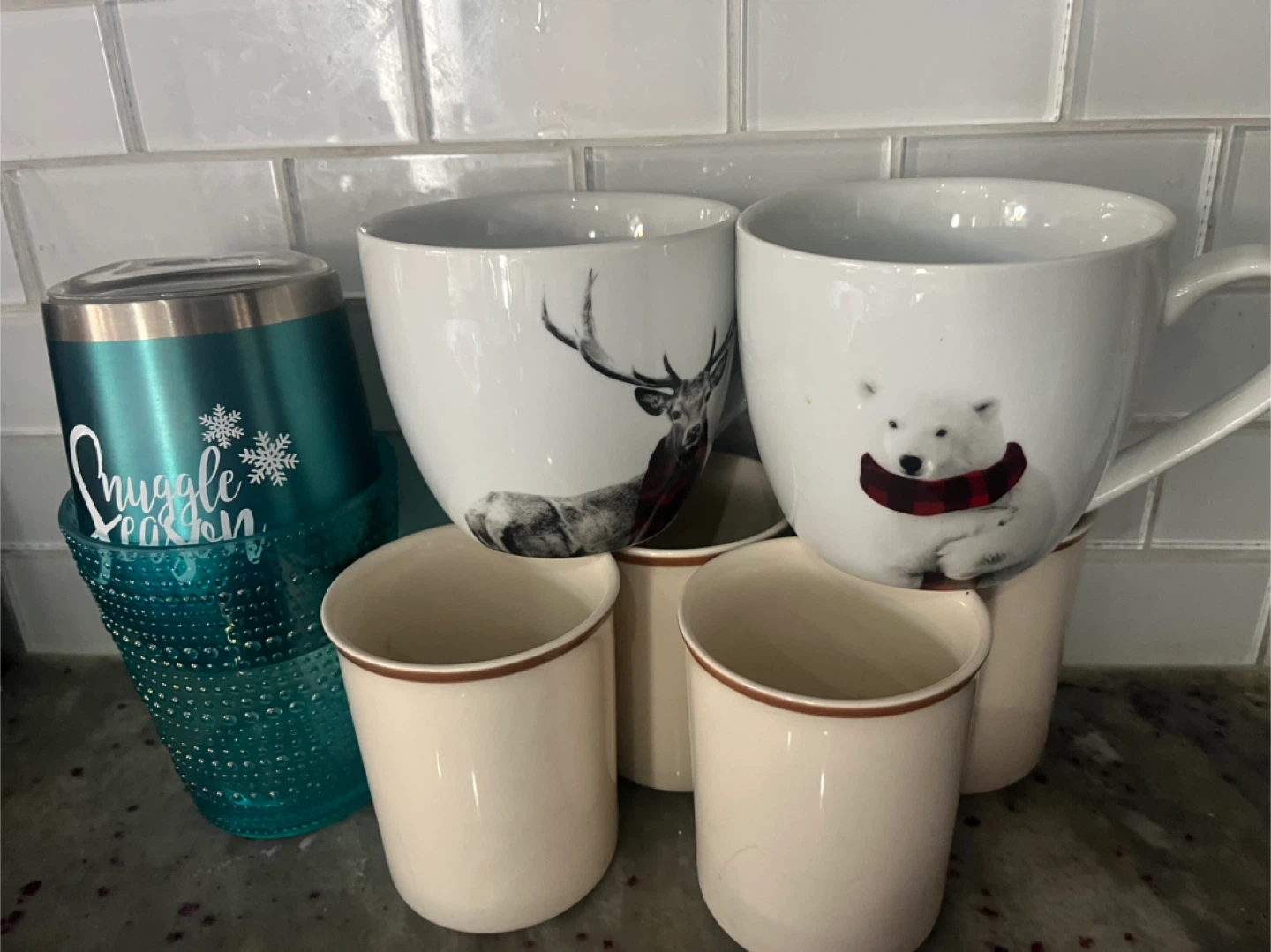 Set of Mugs with various Designs & 4 corningware