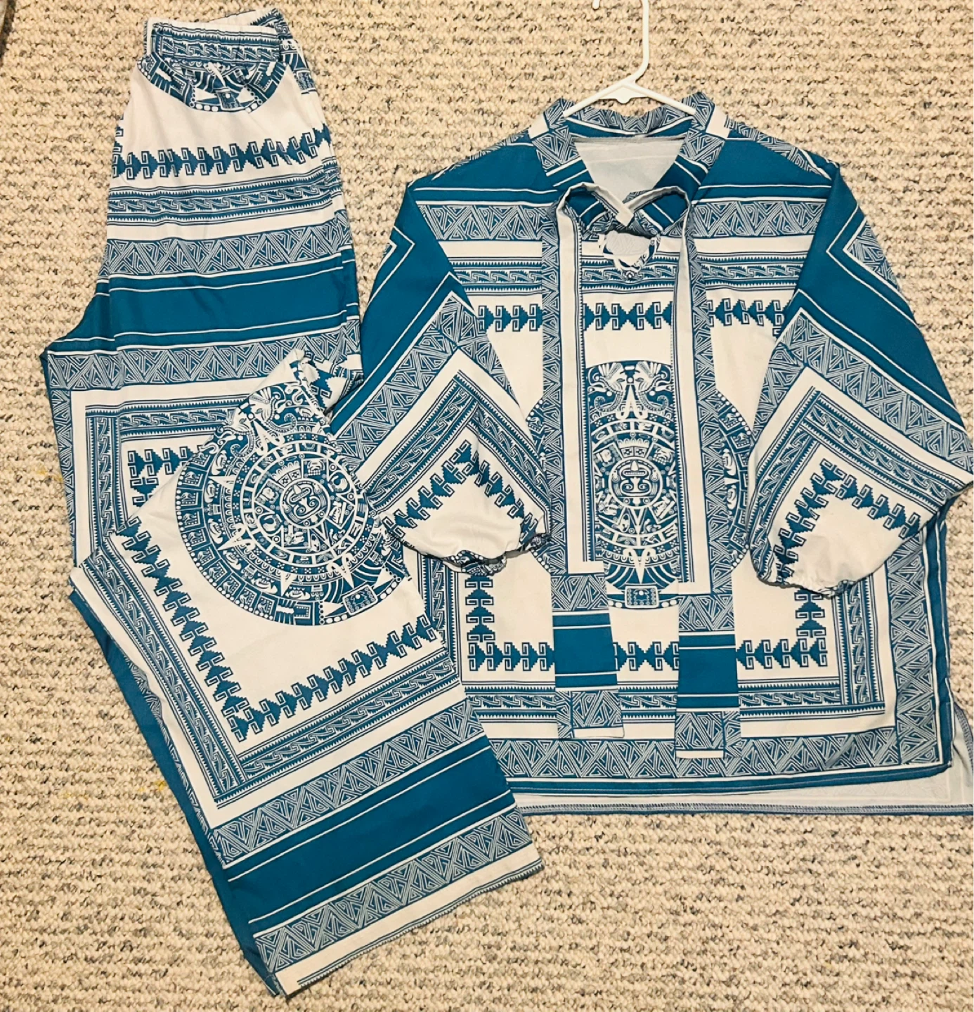 Teal and White Aztec Print Shirt and Pants Set