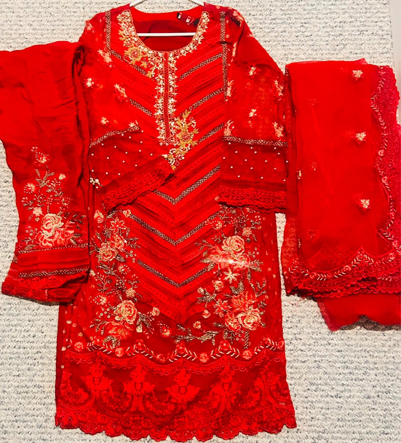Red embroidered Pakistani suit with dupatta