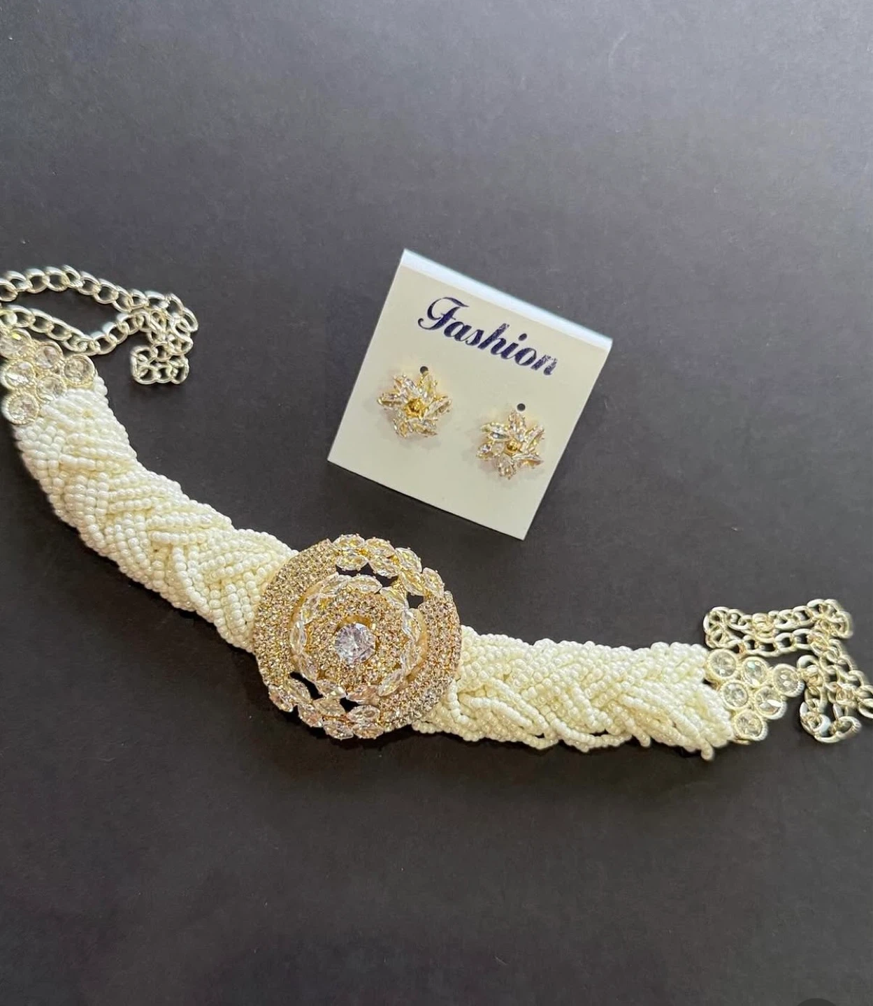 White Beaded Choker Necklace with Matching Earrings