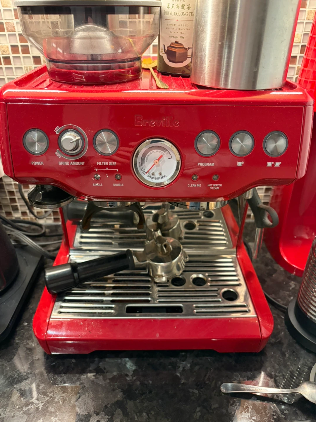 Breville Red Espresso Machine with Grinder