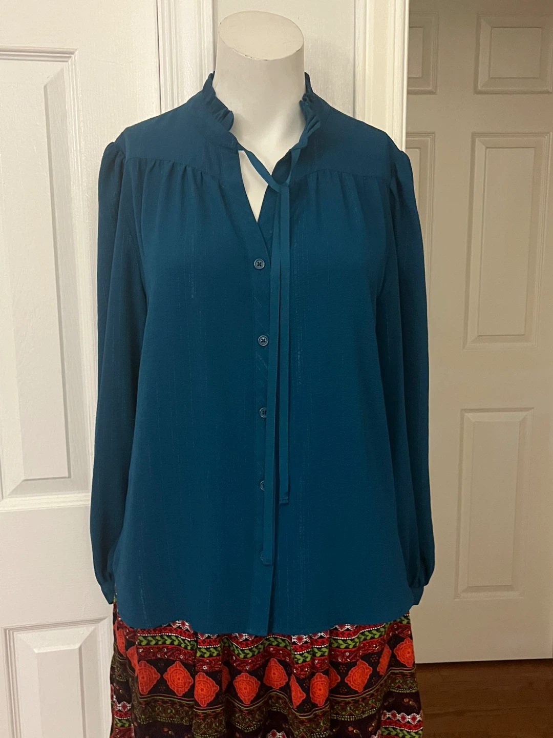 DKNY Teal Long Sleeve Blouse with Tie Neck - photo 2