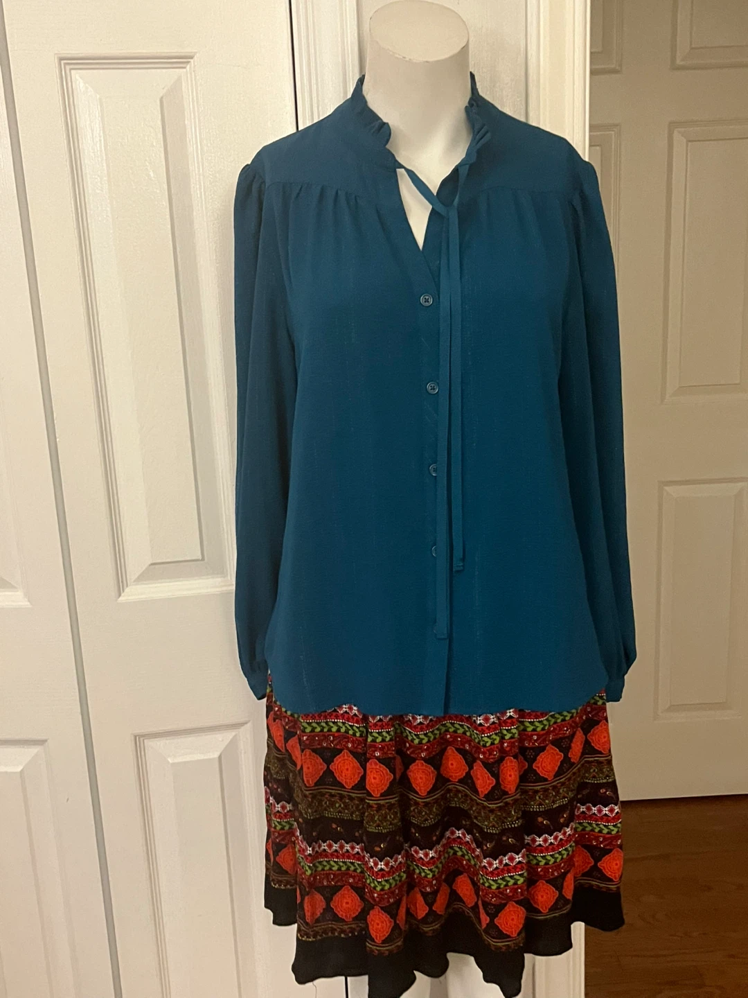 DKNY Teal Long Sleeve Blouse with Tie Neck - photo 4