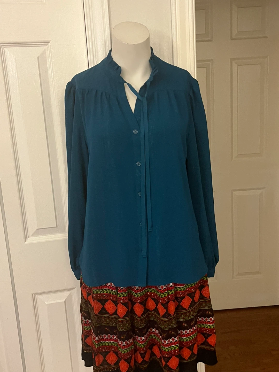 DKNY Teal Long Sleeve Blouse with Tie Neck