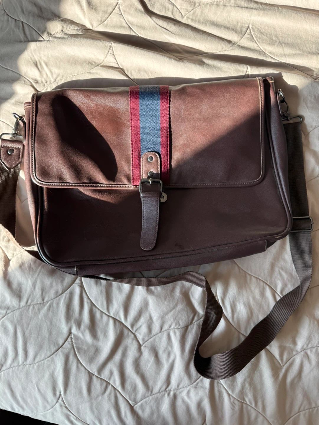 Brown Faux Leather Messenger Bag with Stripe Detail