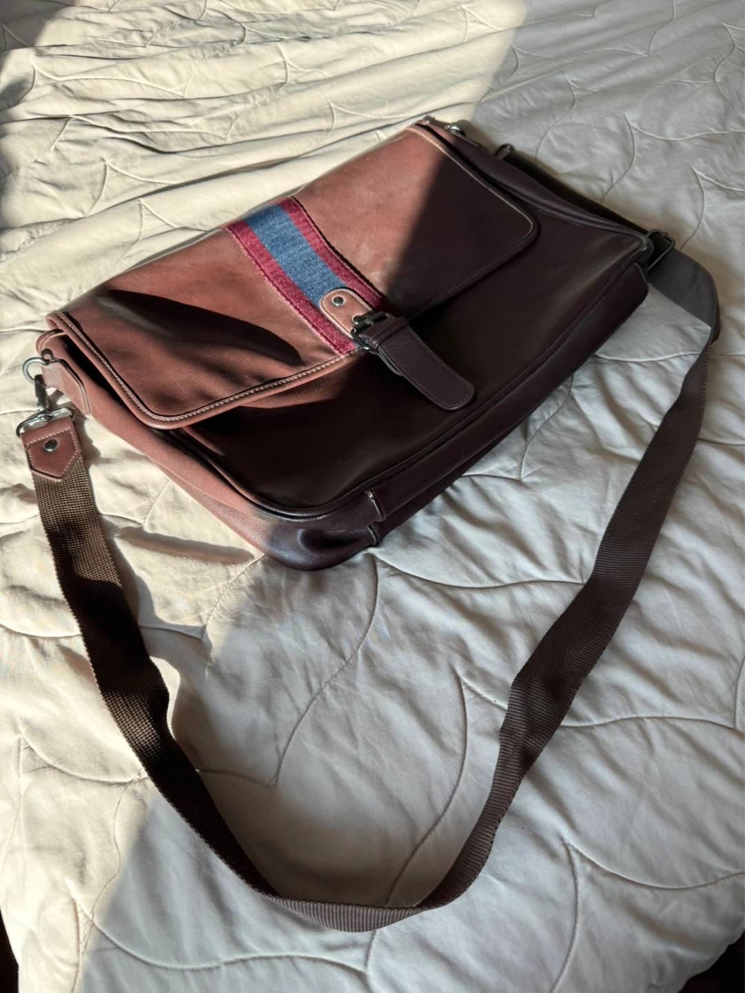 Brown Faux Leather Messenger Bag with Stripe Detail - photo 2