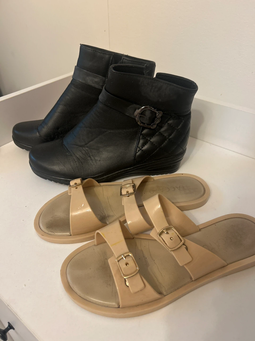 Black Ankle Boots and Nude Slides