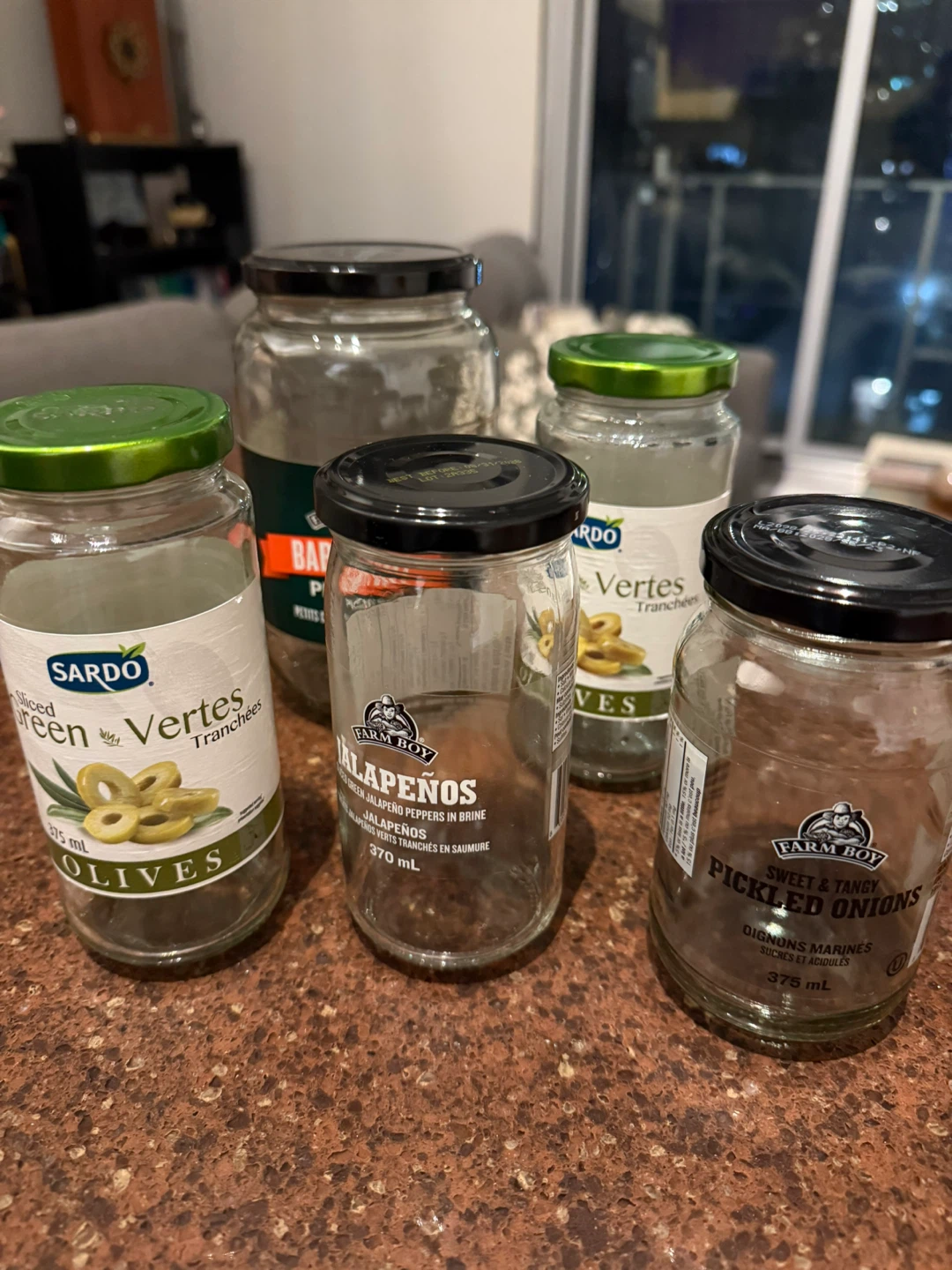 5 empty glass jars