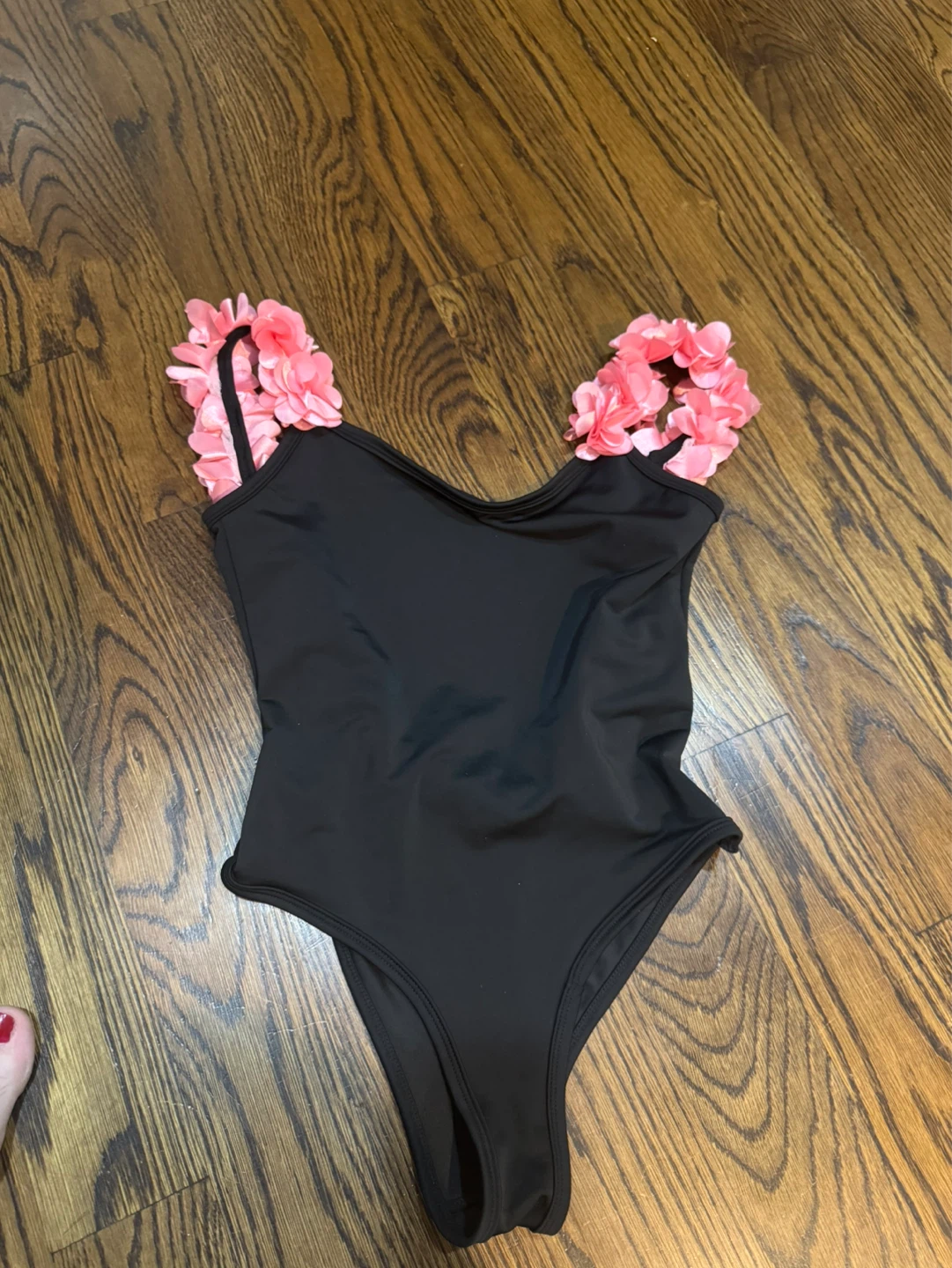 Black One-Piece Swimsuit with Pink Floral Accents