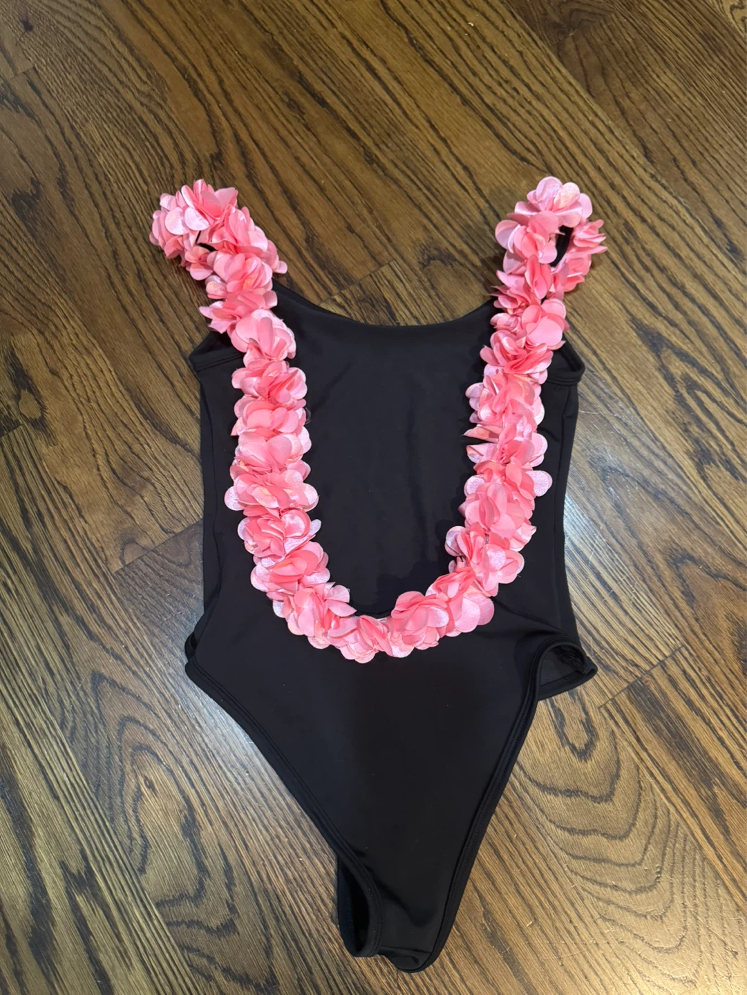 Black One-Piece Swimsuit with Pink Floral Accents - photo 2
