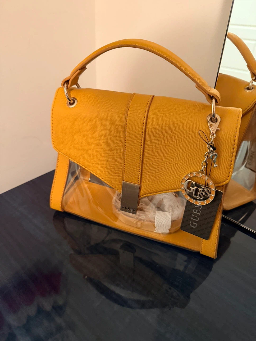 Guess Yellow Faux Leather & Clear Panel Handbag