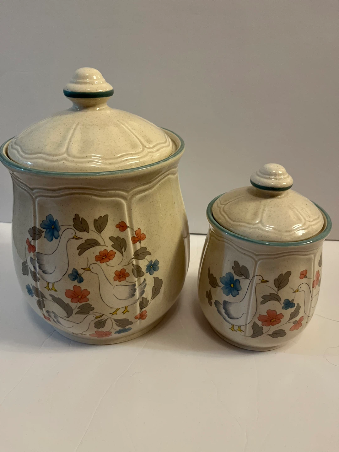 Set of 2 Ceramic Canisters with Bird and Flower Design