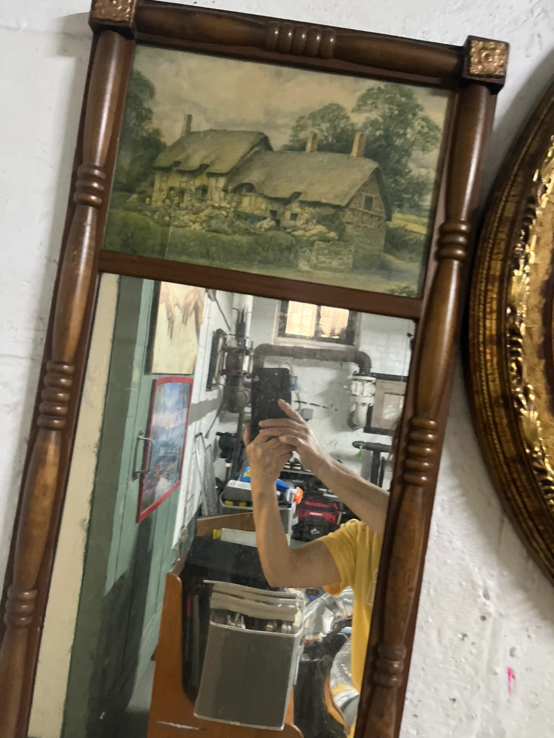 Vintage Wood Framed Mirror with Cottage Scene