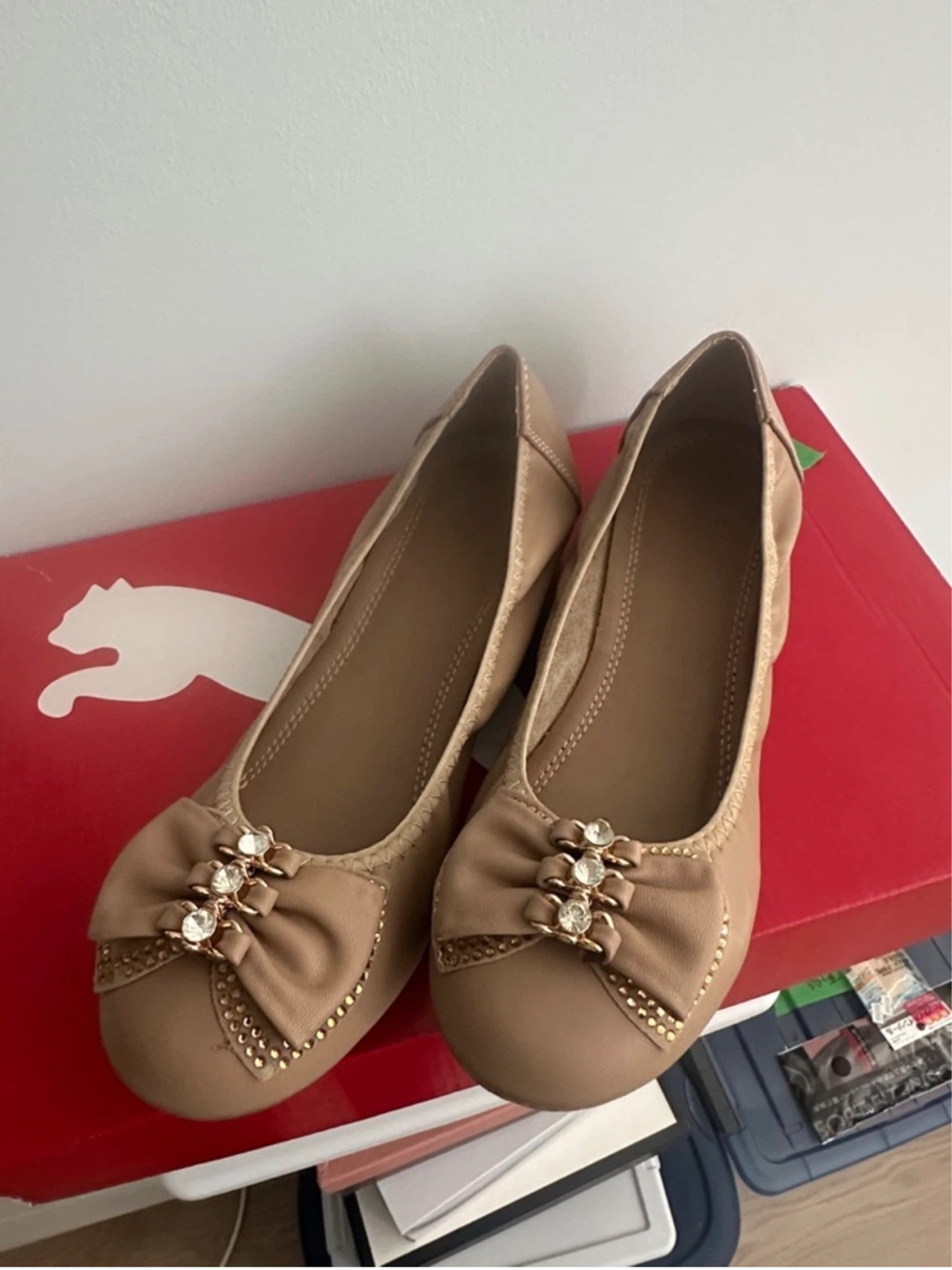 Women's Tan Ballet Flats with Bow Detail