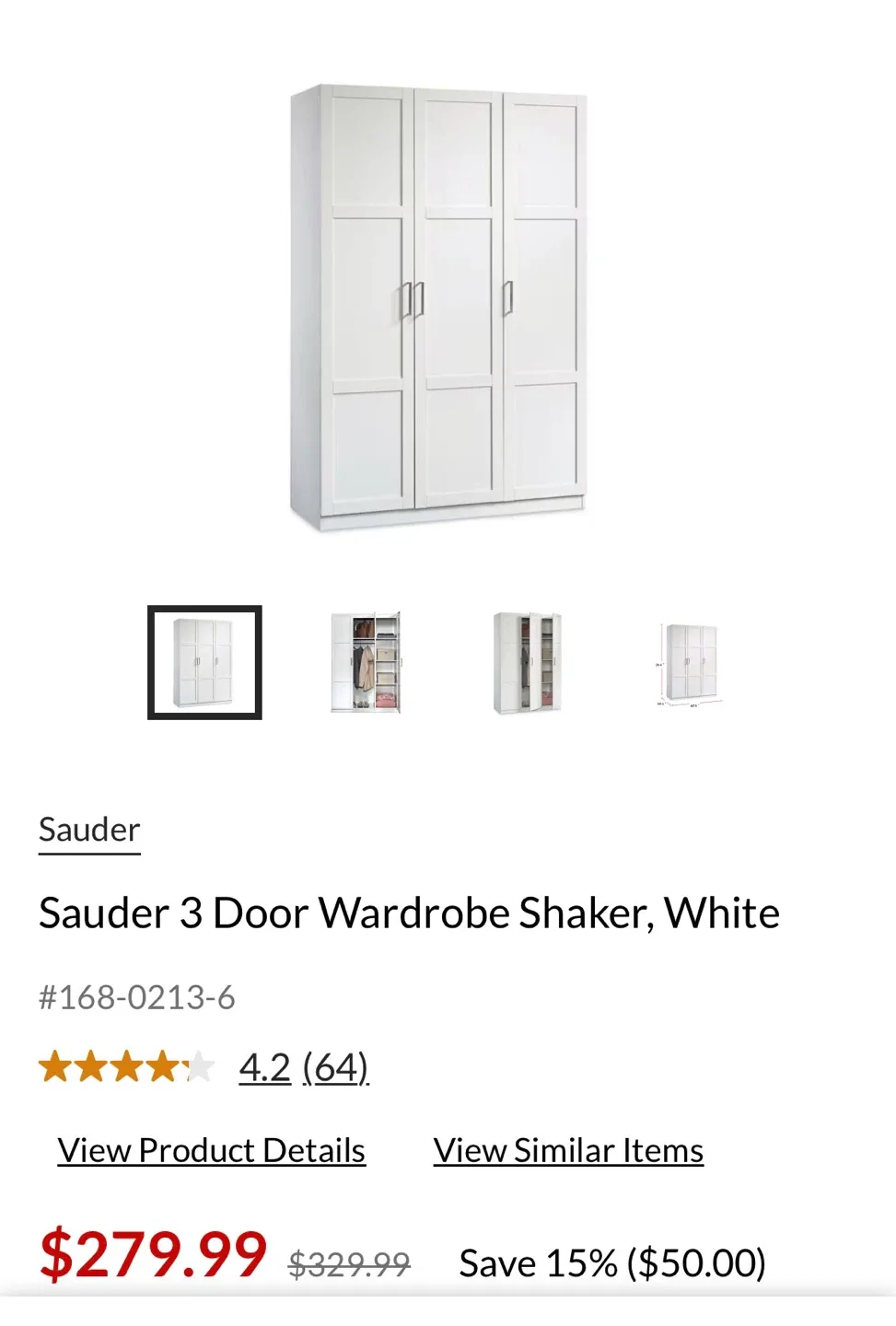 Sauder 3 Door Shaker Wardrobe - White