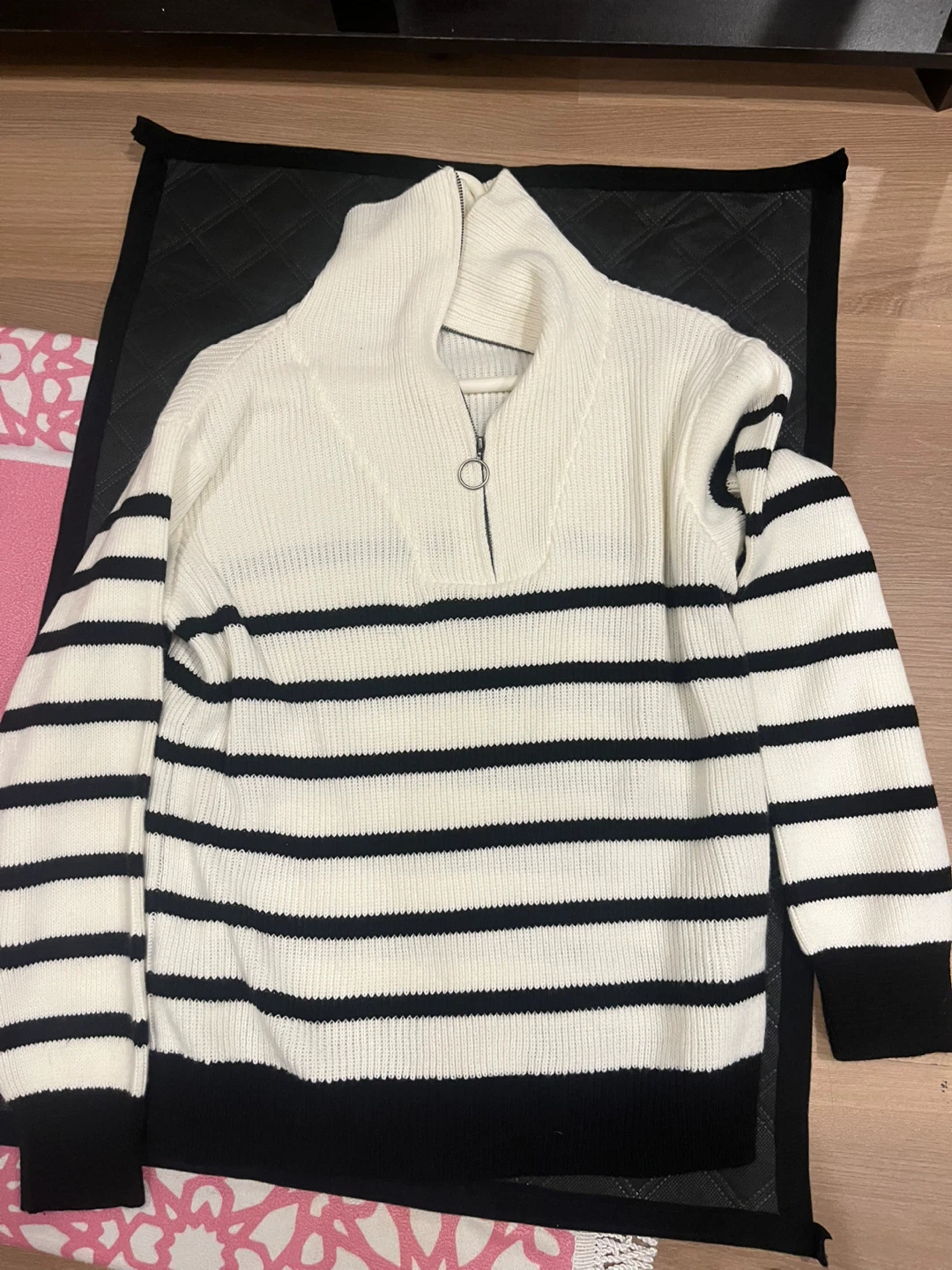Black and White Striped Quarter-Zip Sweater