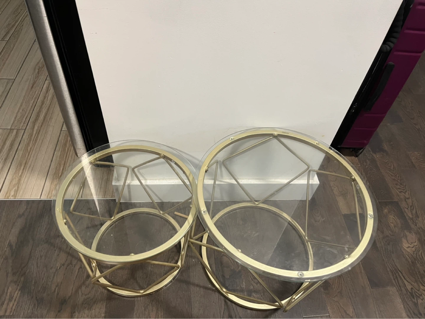Set of 2 Round Glass Top Side Tables - Gold Metal Frame