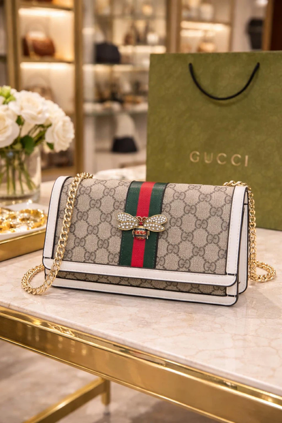 GUCCI Beige/White GG Marmont Bee Shoulder Bag - photo 3