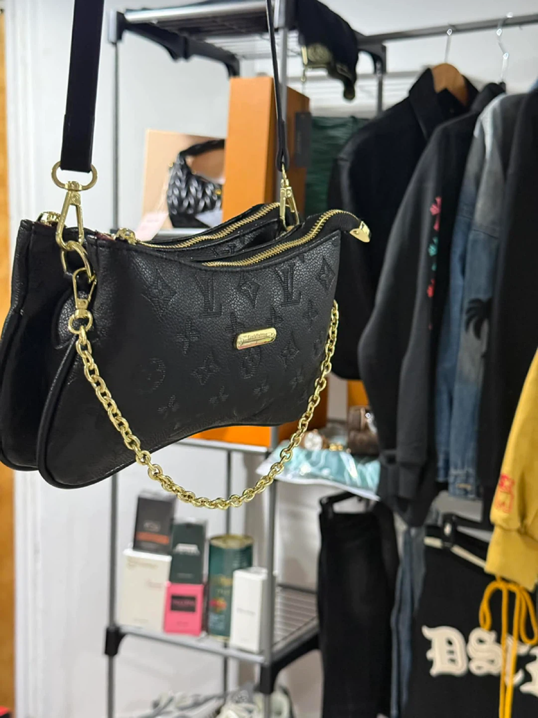 Black bag gold chain