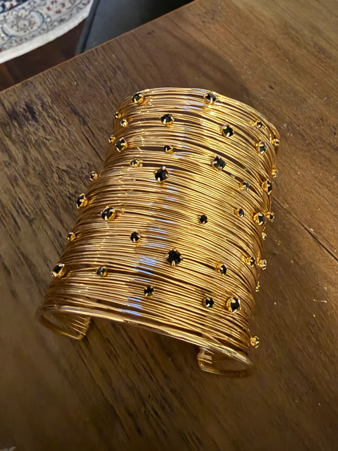Gold Tone Cuff Bracelet with Black Beads