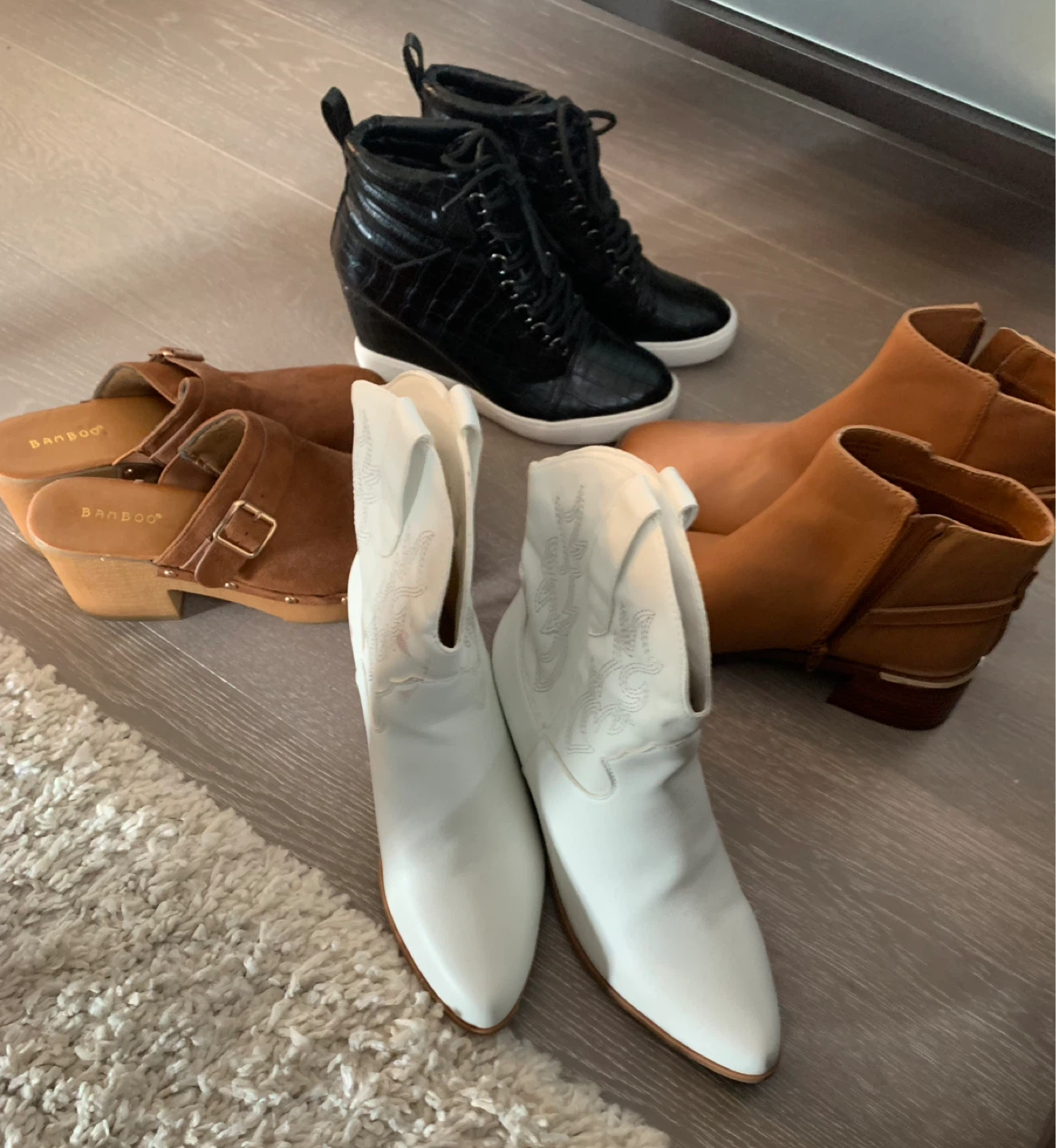 Clogs, Black Wedge Sneakers, White Cowboy Boots, Tan Ankle Boots