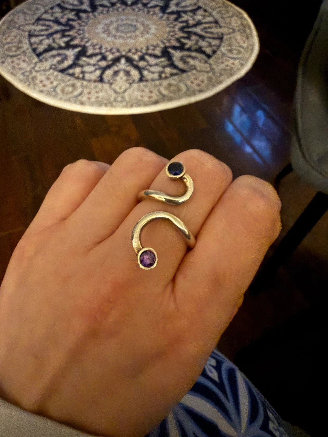 Silver 925 Spiral Ring with Blue and Purple Stones