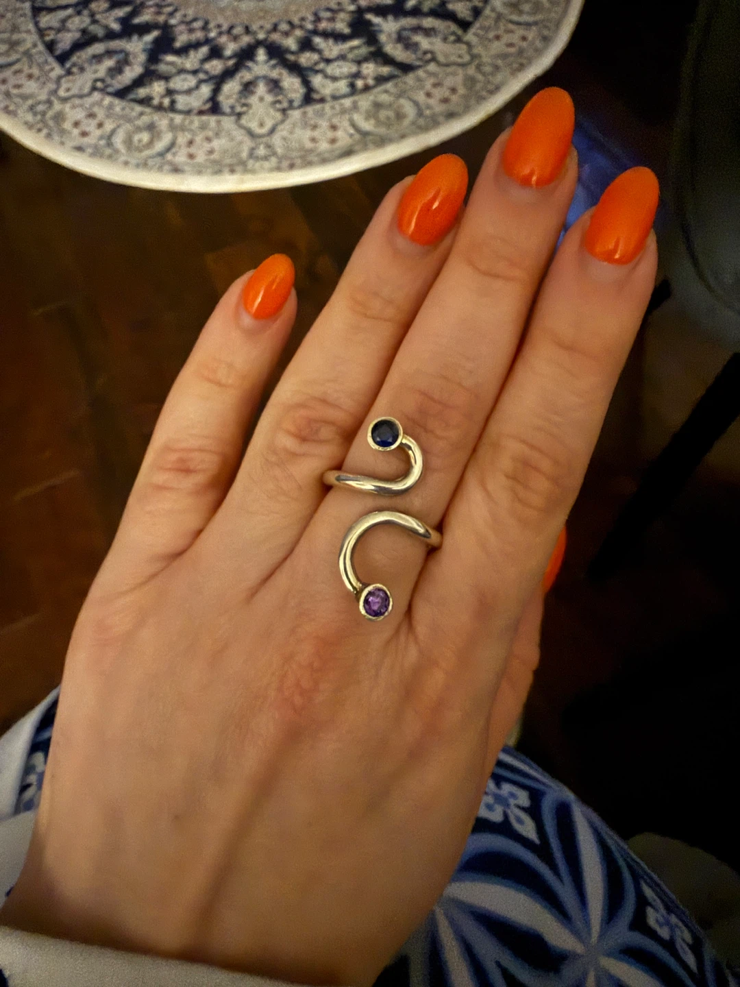 Silver 925 Spiral Ring with Blue and Purple Stones - photo 2