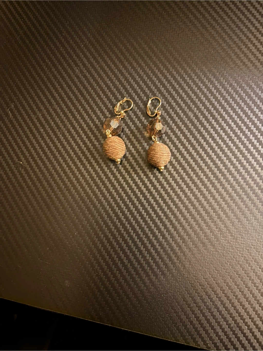 Brown Woven Ball and Faceted Bead Drop Earrings