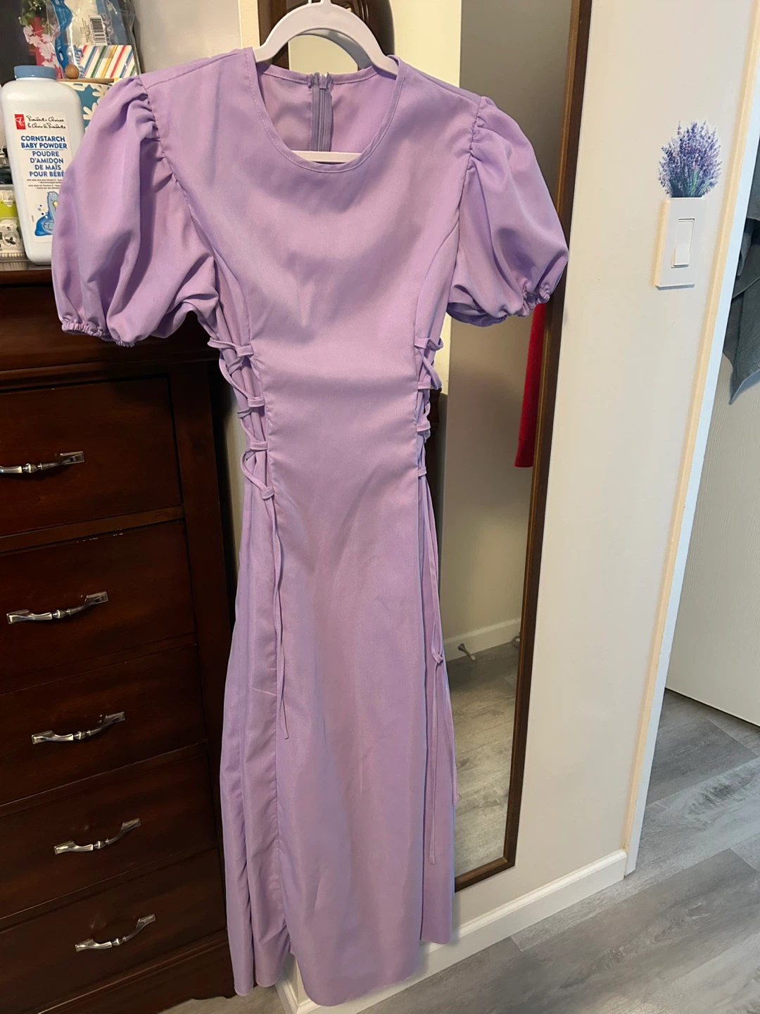 Purple Puff Sleeve Midi Dress with Corset Detail