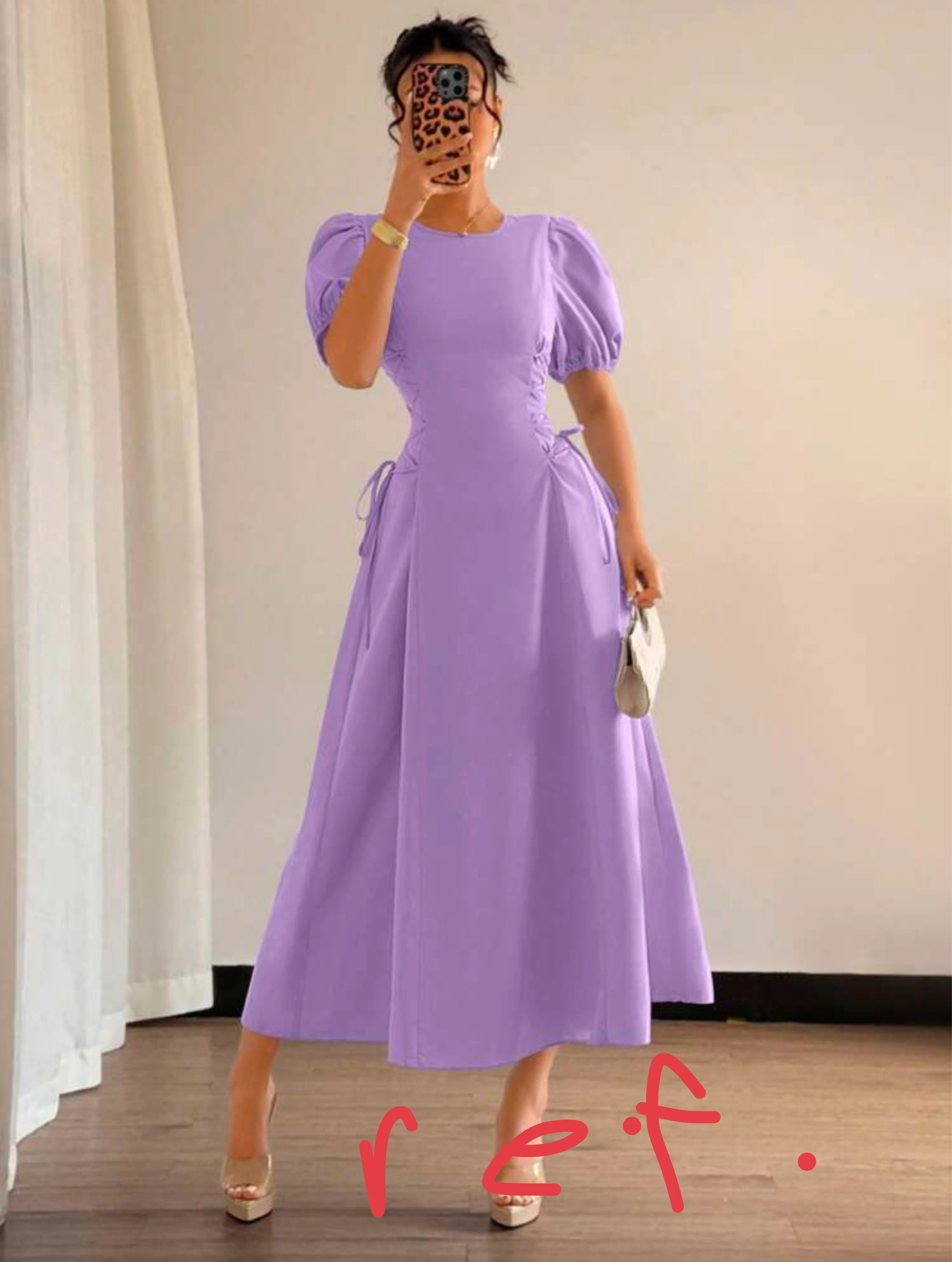 Purple Puff Sleeve Midi Dress with Corset Detail - photo 5