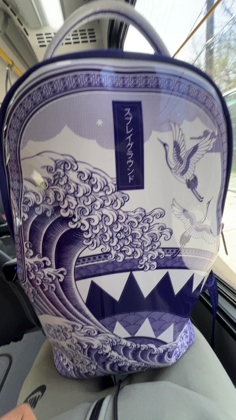 Sprayground Backpack Blue White Wave Crane Design