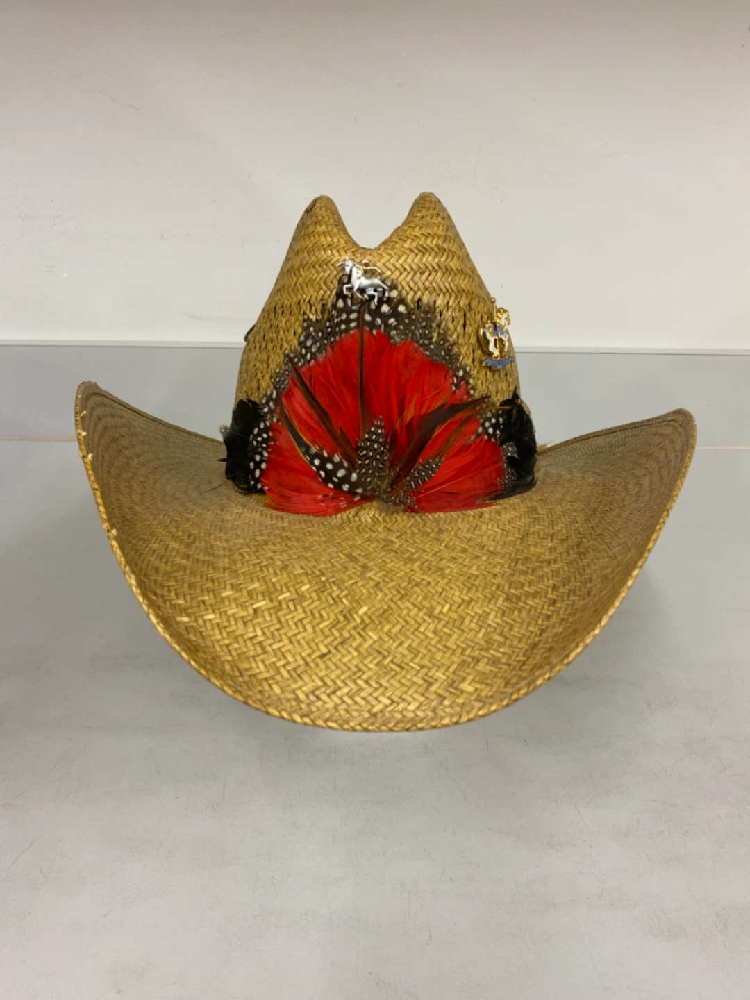 Straw Cowboy Hat with Feather and Pin Embellishments